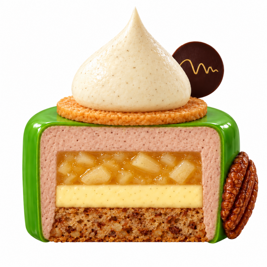 Hruška s červeným vínem, skořicí, pekany a hruškovou ganache – NM DESSERTS